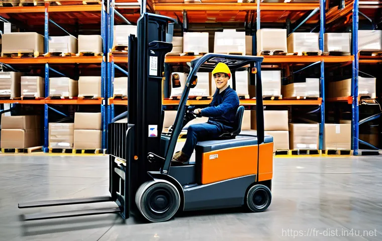 유통관리사와 유통 전문 직무 비교 - **Forklift Operator in a Modern Warehouse:**
"A dynamic, eye-level shot of a focused young perso...
