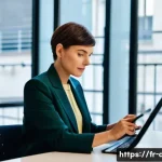 유통관리사 시험 합격생 인터뷰 - **Prompt:** A determined and focused professional, a woman in her early 30s with a modern, chic Fren...