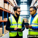 유통관리사와 중소기업 취업 - A modern French small to medium-sized enterprise (SME) warehouse interior, featuring diverse employe...