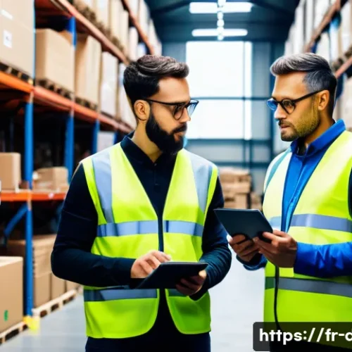 유통관리사와 중소기업 취업 - A modern French small to medium-sized enterprise (SME) warehouse interior, featuring diverse employe...