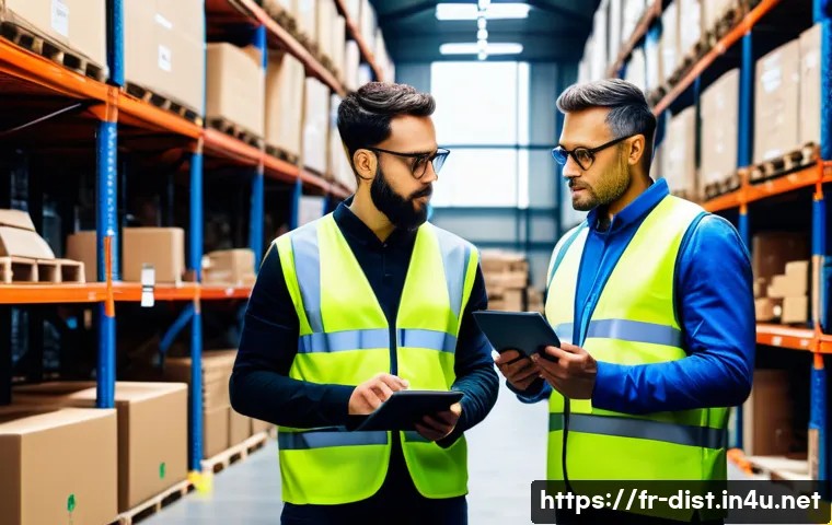 유통관리사와 중소기업 취업 - A modern French small to medium-sized enterprise (SME) warehouse interior, featuring diverse employe...