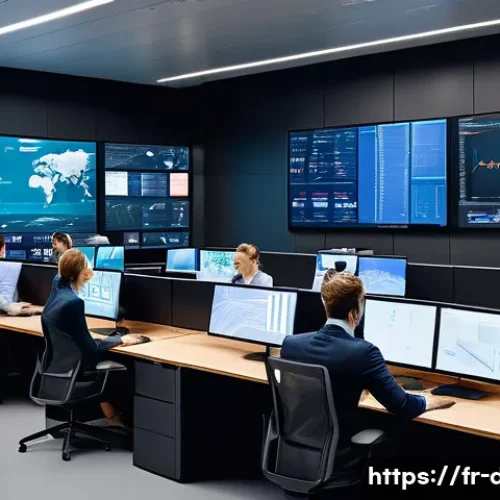 유통관리사 자격증의 효용성 - A modern European logistics control room with diverse professionals analyzing large digital screens ...