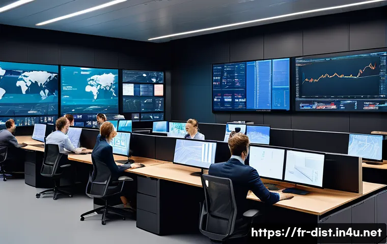 유통관리사 자격증의 효용성 - A modern European logistics control room with diverse professionals analyzing large digital screens ...