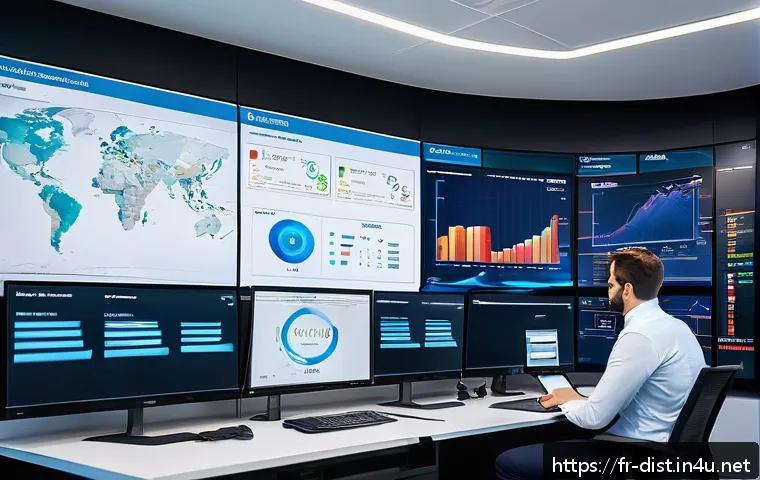 유통관리사와 무역 실무 - A modern logistics control room with diverse professionals analyzing interactive digital dashboards ...