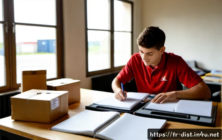 Home 17 유통관리사 1급 공부 자료 - Photorealistic French logistics management student studying at a clean wooden desk, open blank noteb...