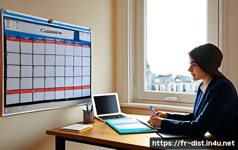 유통관리사 시험 일정 확인 - Photorealistic French distribution management certification exam planning scene, a focused adult can...